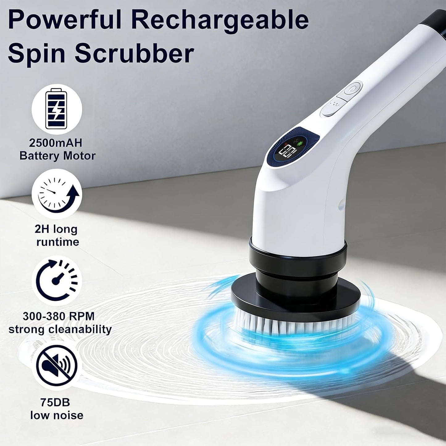 Electric Spin Scrubber for Cleaning with 7 Replaceable Heads | Adjustable Shower Brush with LED Display, 2 Speed Waterproof Cordless Shower Scrubber for Bathtub, Kitchen, Car, White