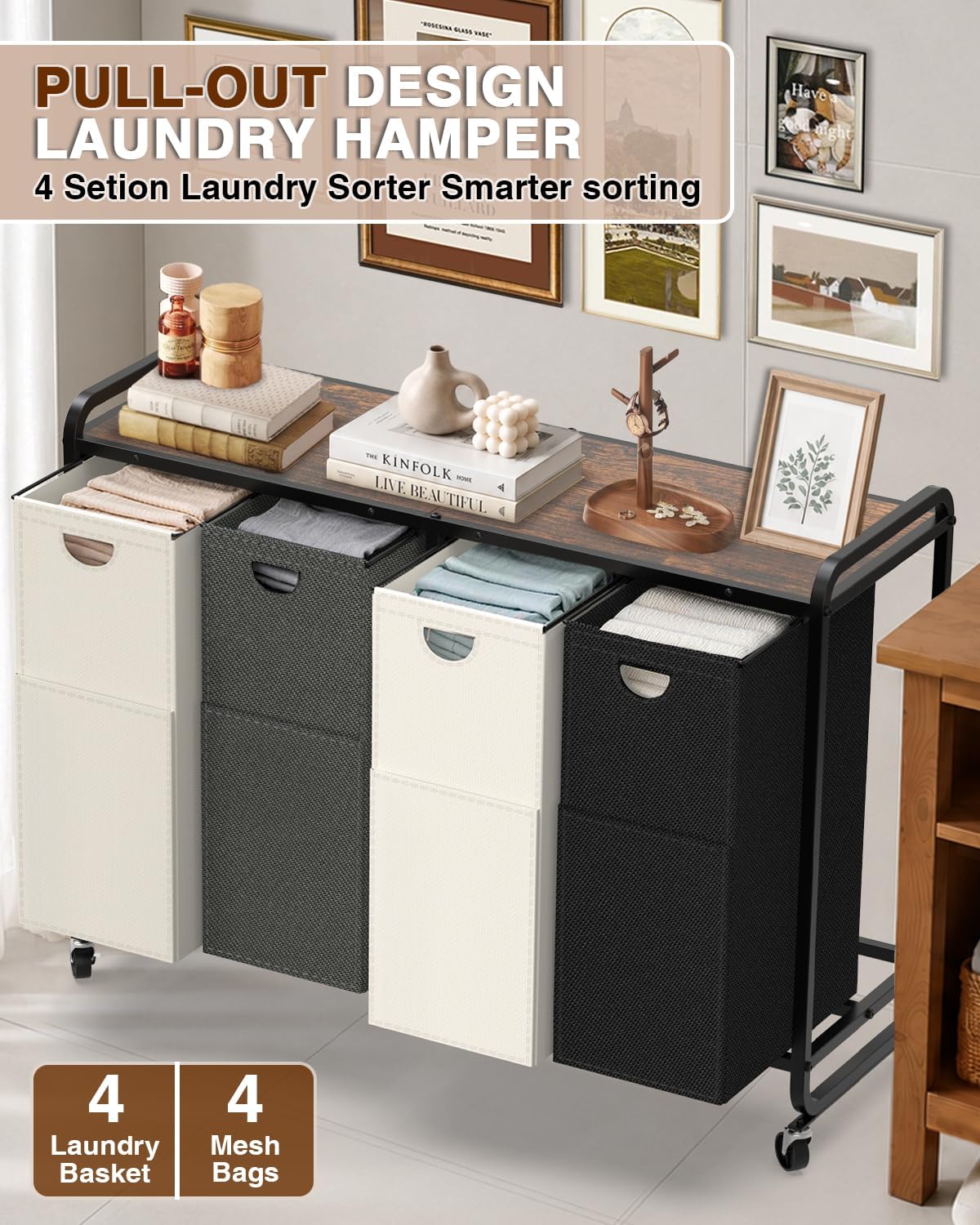Laundry Sorter 3 Section,Laundry Basket with Wheels,3×15.8 Gal (60L) | Laundry Room Organization with Wooden Desktop Shelf,Pull-Out and Removable 900D Oxford Fabric Laundry Bags for Laundry Room