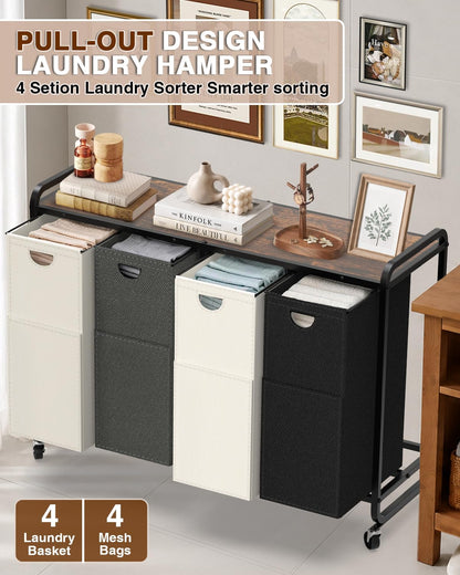 Laundry Sorter 3 Section,Laundry Basket with Wheels,3×15.8 Gal (60L) | Laundry Room Organization with Wooden Desktop Shelf,Pull-Out and Removable 900D Oxford Fabric Laundry Bags for Laundry Room