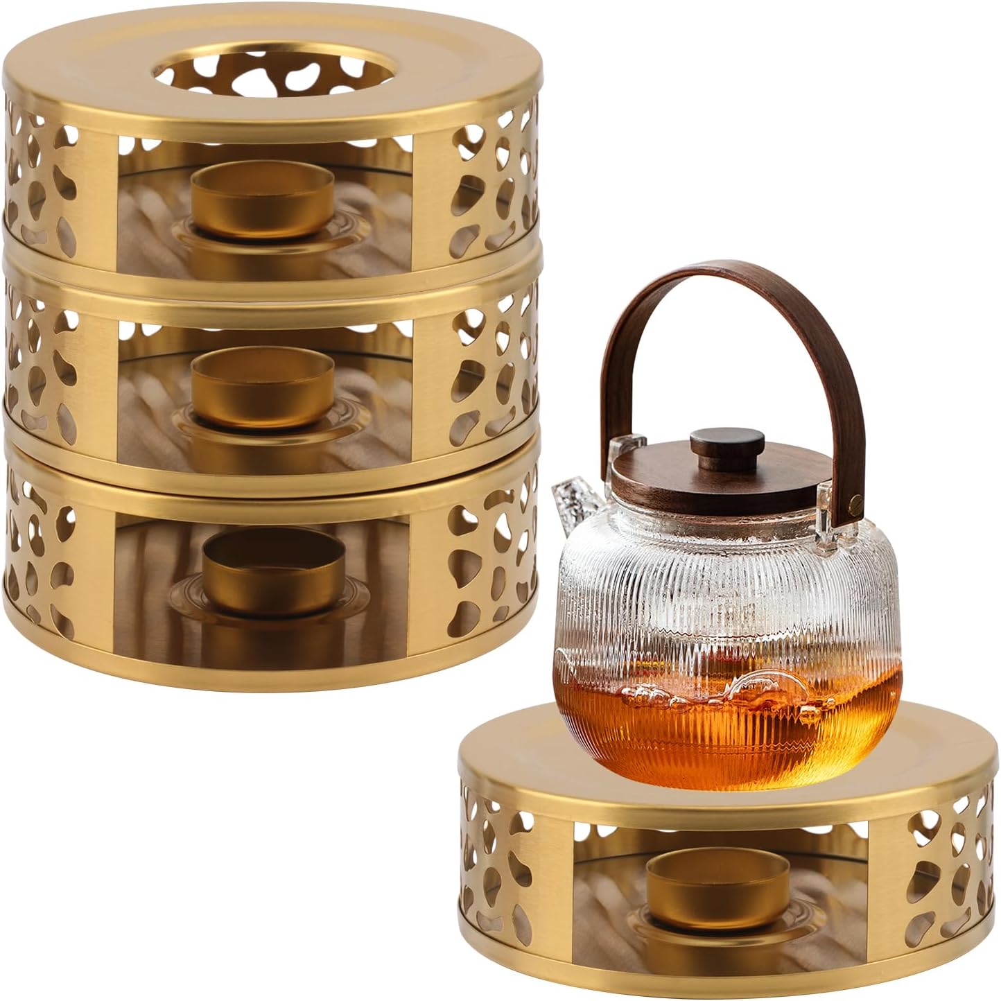 4 PCS 6 inch Round Teapot Warmer, Stainless Steel Teapot Warmer with Candle Base, Elegant Tea Pot Warmers for Keeping Tea, Coffee & More Warm, Perfect for Home, Office & Travel(Gold)