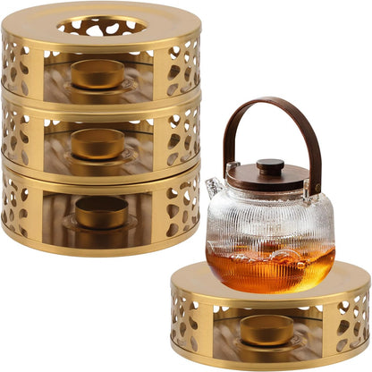 4 PCS 6 inch Round Teapot Warmer, Stainless Steel Teapot Warmer with Candle Base, Elegant Tea Pot Warmers for Keeping Tea, Coffee & More Warm, Perfect for Home, Office & Travel(Gold)