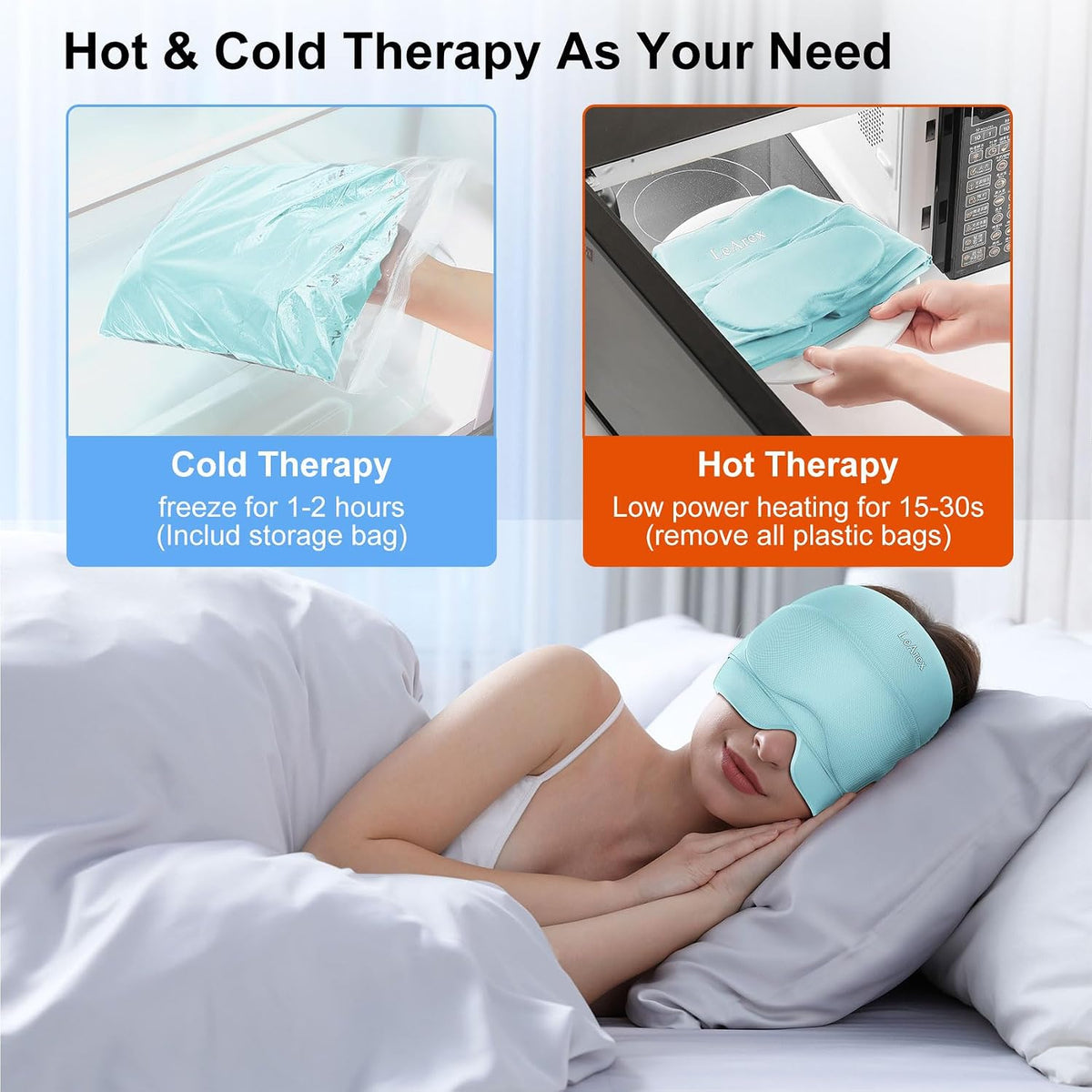 2 in 1 Migraine Relief Cap with Gel Eye Mask, Headache Relief Cap Ice Head Wrap Hot and Cold Therapy Hat Gift for Women for Headache Puffy Eyes Sinus and Tension Stress Relief (Light Purple)
