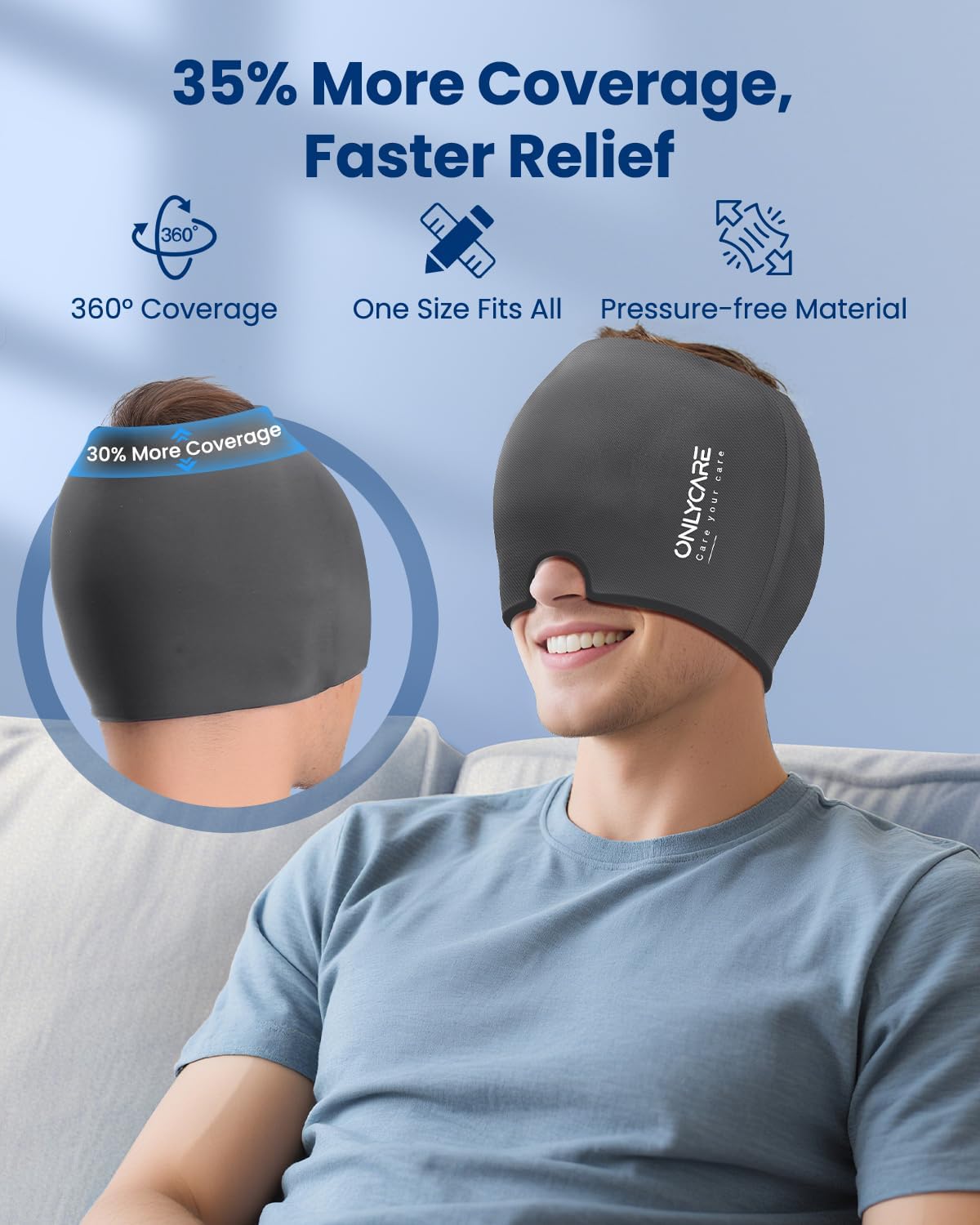ONLYCARE Migraine Relief Cap, Headache Relief Cold Cap with Odorless Gel | Cooling Hat Head Wrap Soothing Face Ice Pack Mask Products for Tension Stress Hangover & Puffy Eyes, Relaxing Gifts for Women
