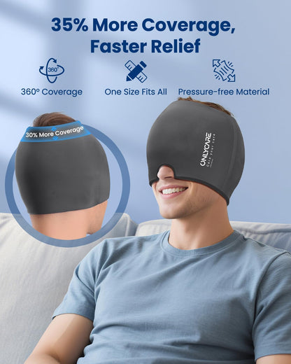ONLYCARE Migraine Relief Cap, Headache Relief Cold Cap with Odorless Gel | Cooling Hat Head Wrap Soothing Face Ice Pack Mask Products for Tension Stress Hangover & Puffy Eyes, Relaxing Gifts for Women
