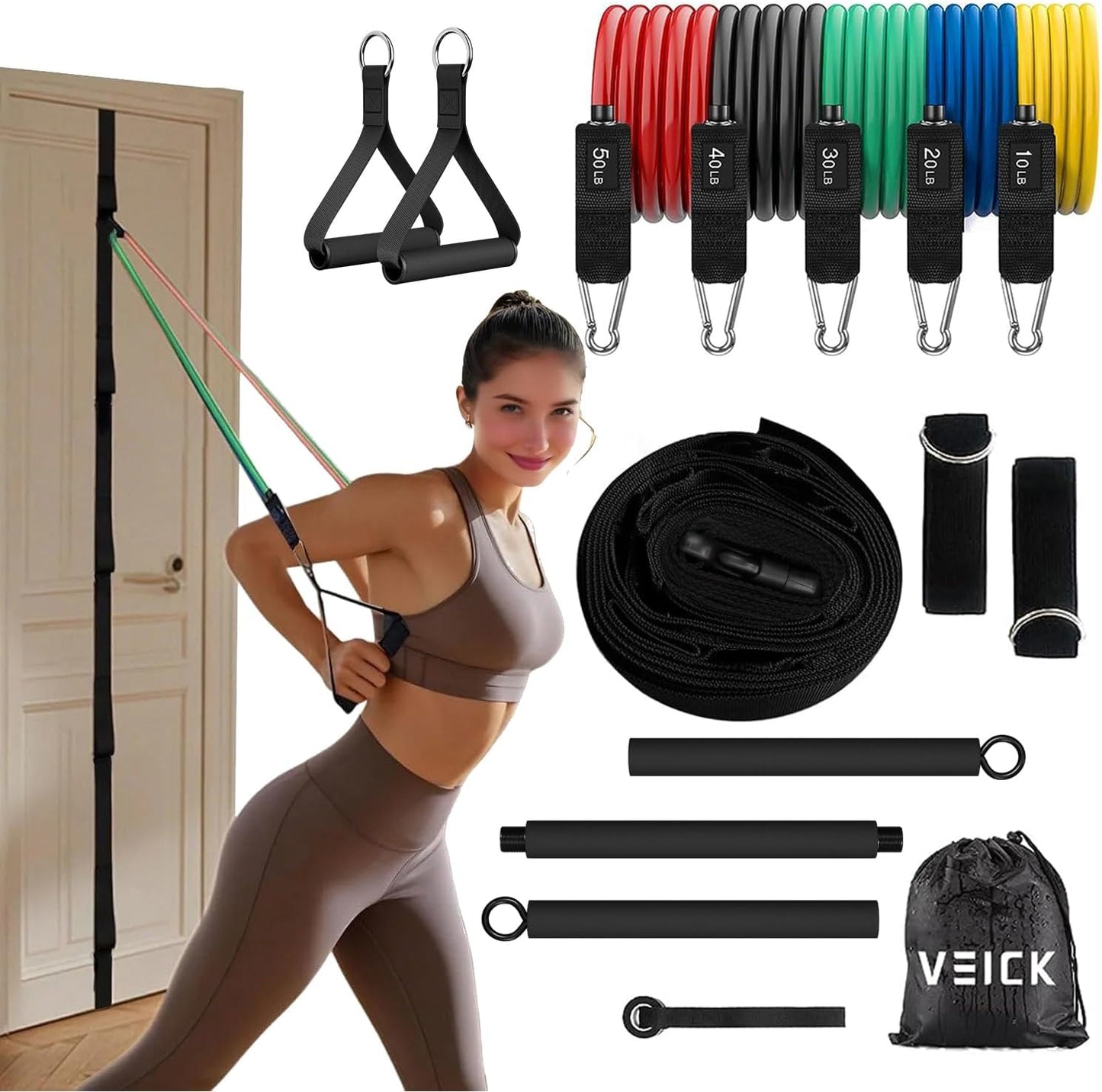 VElCK Resistance Bands Set with Handles for Exercise, Workout and Home Gym | 100% Natural Latex, 10-150LBS, Versatile for Yoga, Pilates, Strength, Home Gym