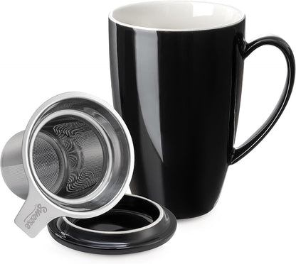 Sweese 15oz Porcelain Tea Mug with Infuser and Lid – Microwave Safe, Ergonomic Handle, Lead-Free Glaze, for Loose Leaf Tea