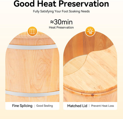 Cedar Wood Foot Spa Bath Bucket with Shiatsu Massage Roller & Lid - 30 Min Heat Retention, Natural Wooden Soaking Tub for Relaxation, Great for Parents