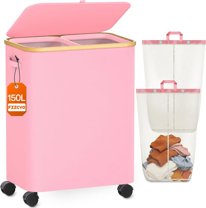 Double Laundry Basket with Wheels and Lid, 150L Clothes Hampers for Laundry | Large Laundry Hamper with 2 Sections & Removable Liner Bags, Rolling Dirty Clothes Basket for Bedroom Bathroom Dorm College