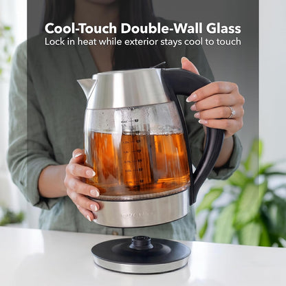 OVENTE 1.8L Glass Electric Kettle with Tea Infuser, Silver KGD752S | 1500W Fast Boiling, Easy Fill Lid, 7 Temperature Control, Keep Warm, Digital Display, Auto Shut-Off, Boil-Dry Protection