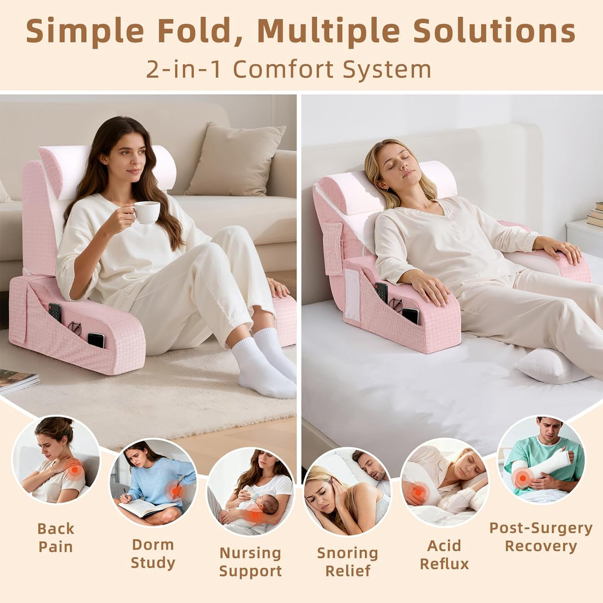 Foldable Reading Pillow for Sitting in Bed Adult, White/Grey, 19"