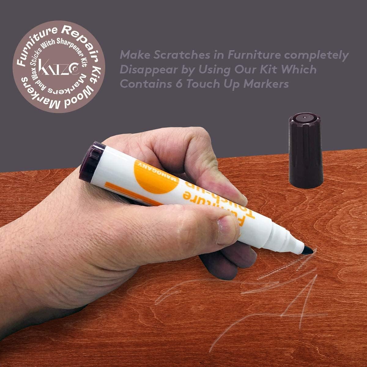 13-Piece Wood Stain and Scratch Repair Kit by Katzco - Furniture Markers and Wax Sticks - Covers Scratches, Stains and Scuffs on Floors, Cabinets and Desks - Includes Sharpener