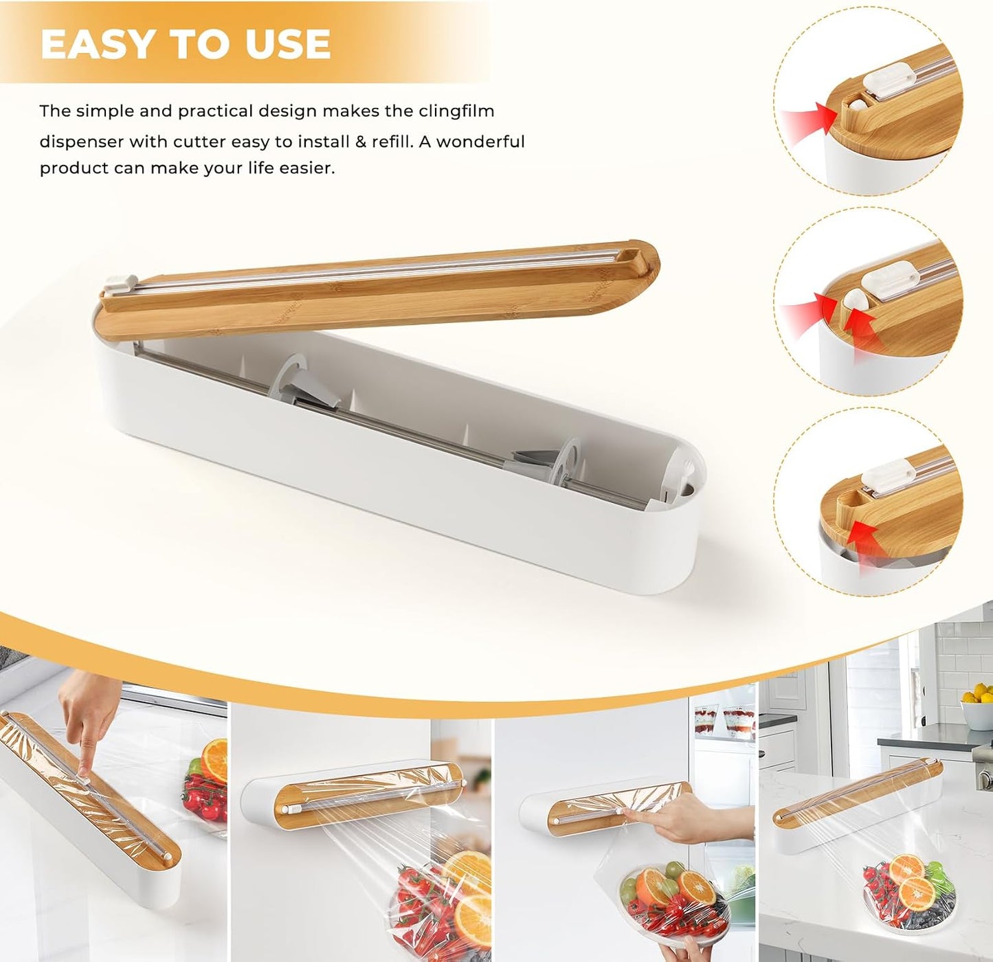 Aluminum Foil & Plastic Wrap Dispenser with Slide Cutter - Magnetic & No-Drill Wall Mount, Cling Film Dispenser for Worktops & Cabinets, Space-Saving Kitchen Organizer - Fits 12" Rolls, White