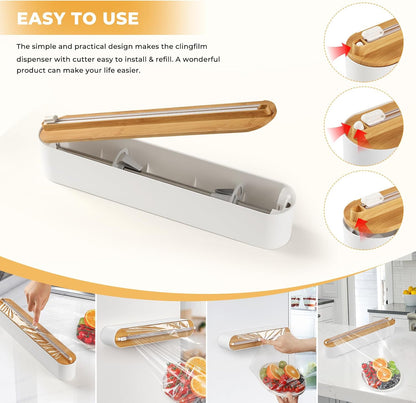 Aluminum Foil & Plastic Wrap Dispenser with Slide Cutter - Magnetic & No-Drill Wall Mount, Cling Film Dispenser for Worktops & Cabinets, Space-Saving Kitchen Organizer - Fits 12" Rolls, White