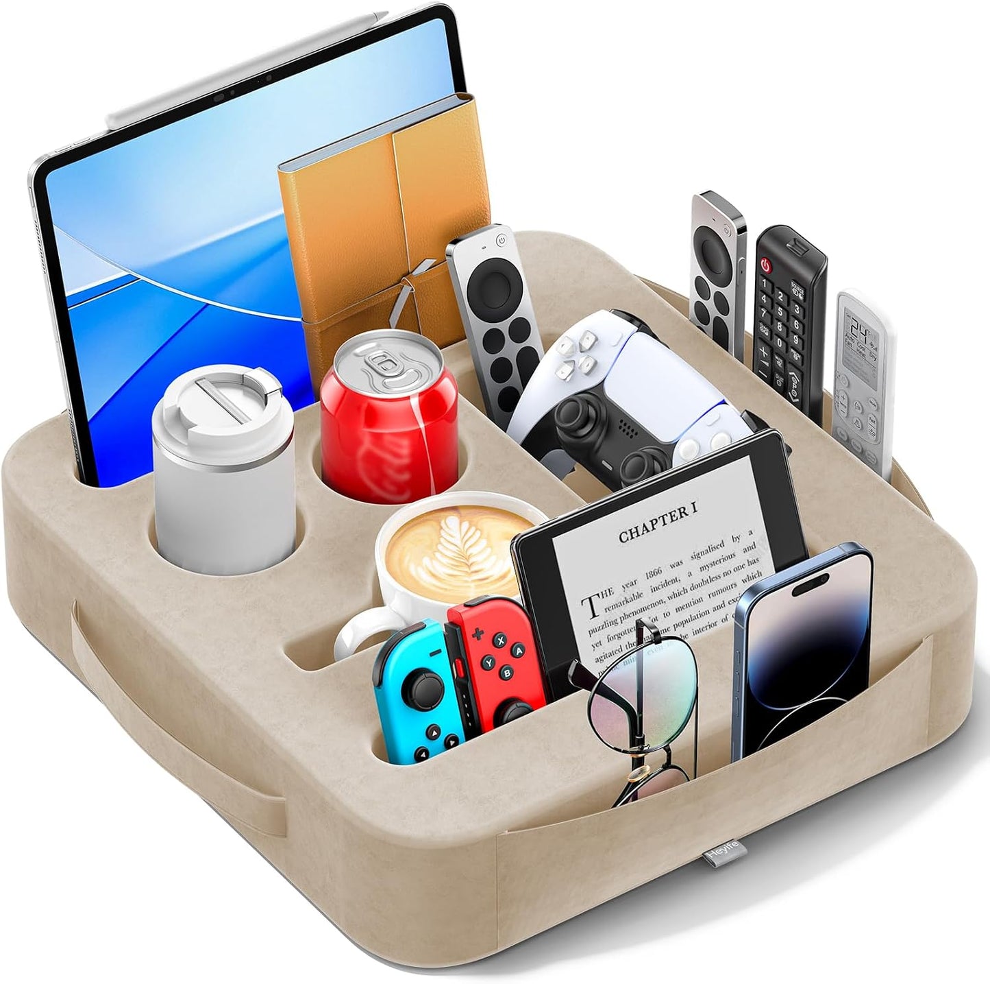 Couch Cup Holder Pillow, Sofa and Bed Caddy for iPad, Kindle, Switch, Game Controller, Remotes, Phones, Small-Sized Cup & Drink Holder for Couch, Bed, Desk, Car, Beach, Bathroom Cup Holder