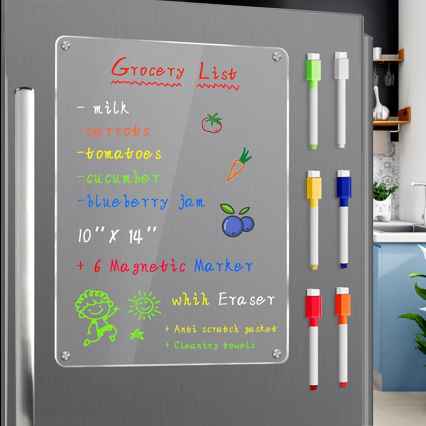 JonXon 8"x12" Acrylic Magnetic Dry Erase Board for Fridge, Clear Acrylic Magnet Calendar for Refrigerator,Includes 6 Dry Erase Markers(Clear Blank)