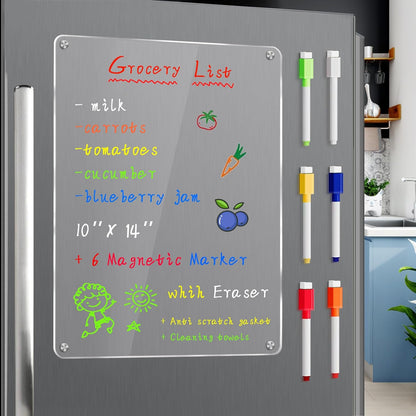 JonXon 8"x12" Acrylic Magnetic Dry Erase Board for Fridge, Clear Acrylic Magnet Calendar for Refrigerator,Includes 6 Dry Erase Markers(Clear Blank)