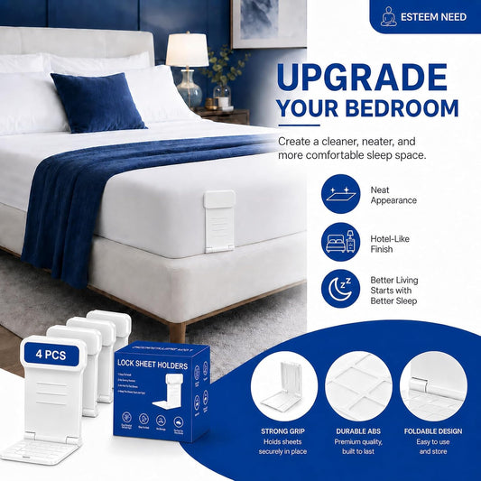 8pcs Bed Sheet Holders for Corners for King and Queen Beds Bed ABS&PC, 10 Non-Slip Mats, 180 Degrees Fold, Snap-Fastener Design, Adjustable Strap Clips, Tight Grippers - White Large