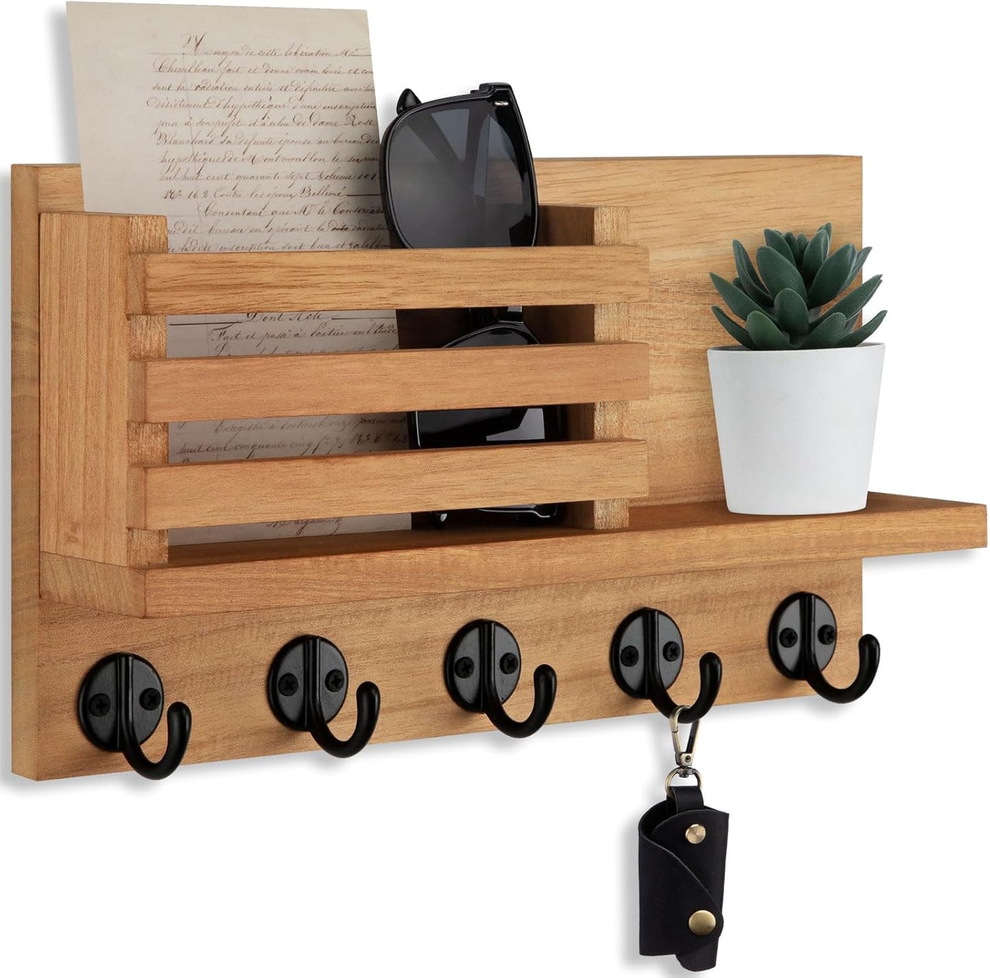Lwenki Key Holder for Wall – Decorative Wooden Mail Holder and Key Shelf with Mounting Hardware, Installation Guide – Paulownia Wood with Metal Key Hooks (Black, Large - 11.8inch)