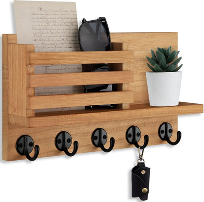 Lwenki Key Holder for Wall – Decorative Wooden Mail Holder and Key Shelf with Mounting Hardware, Installation Guide – Paulownia Wood with Metal Key Hooks (Black, Large - 11.8inch)
