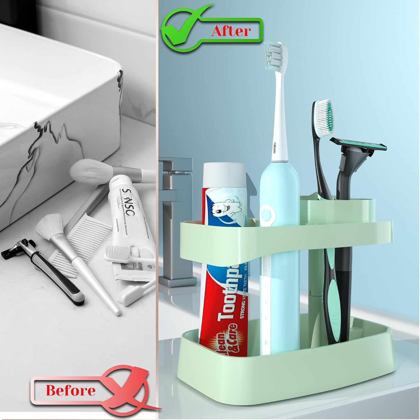 Toothbrush Holders for Bathrooms, 4 Slots with Drainage and Ventilation, ABS Plastic, with Anti-Slip Base for Holding Electric Toothbrush & Toothpaste (Green)