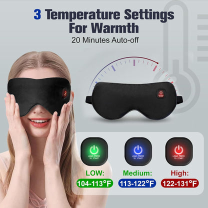 Heated Eye Mask, Rechargeable Detachable Washable Faux Silk Electric Cordless Dry Eyes Warmer Compress Graphene Sleep Mask Travel Gifts for Men Women, 3 Heat Levels & Auto-Off, Black