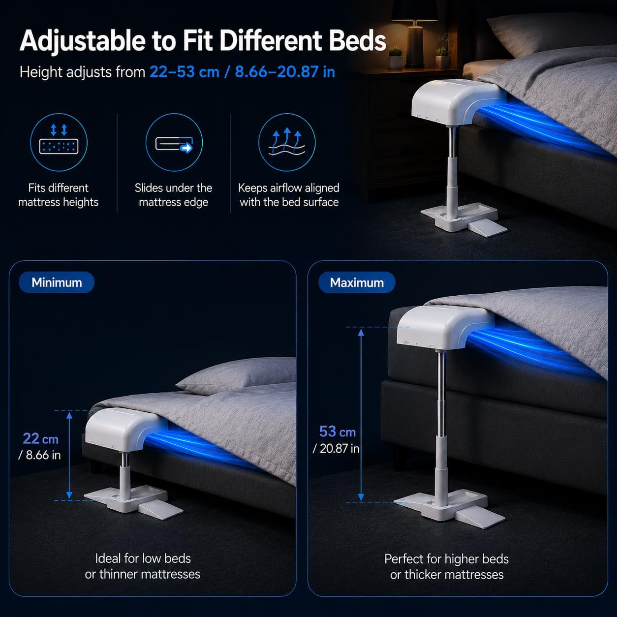 Bed Cooling System, Bed Fan Under Sheets with 5 Adjustable Speeds, Cooling Fan for Hot Sleepers & Night Sweats, Rechargeable Bed Fan with Remote, Fits All Mattress Heights