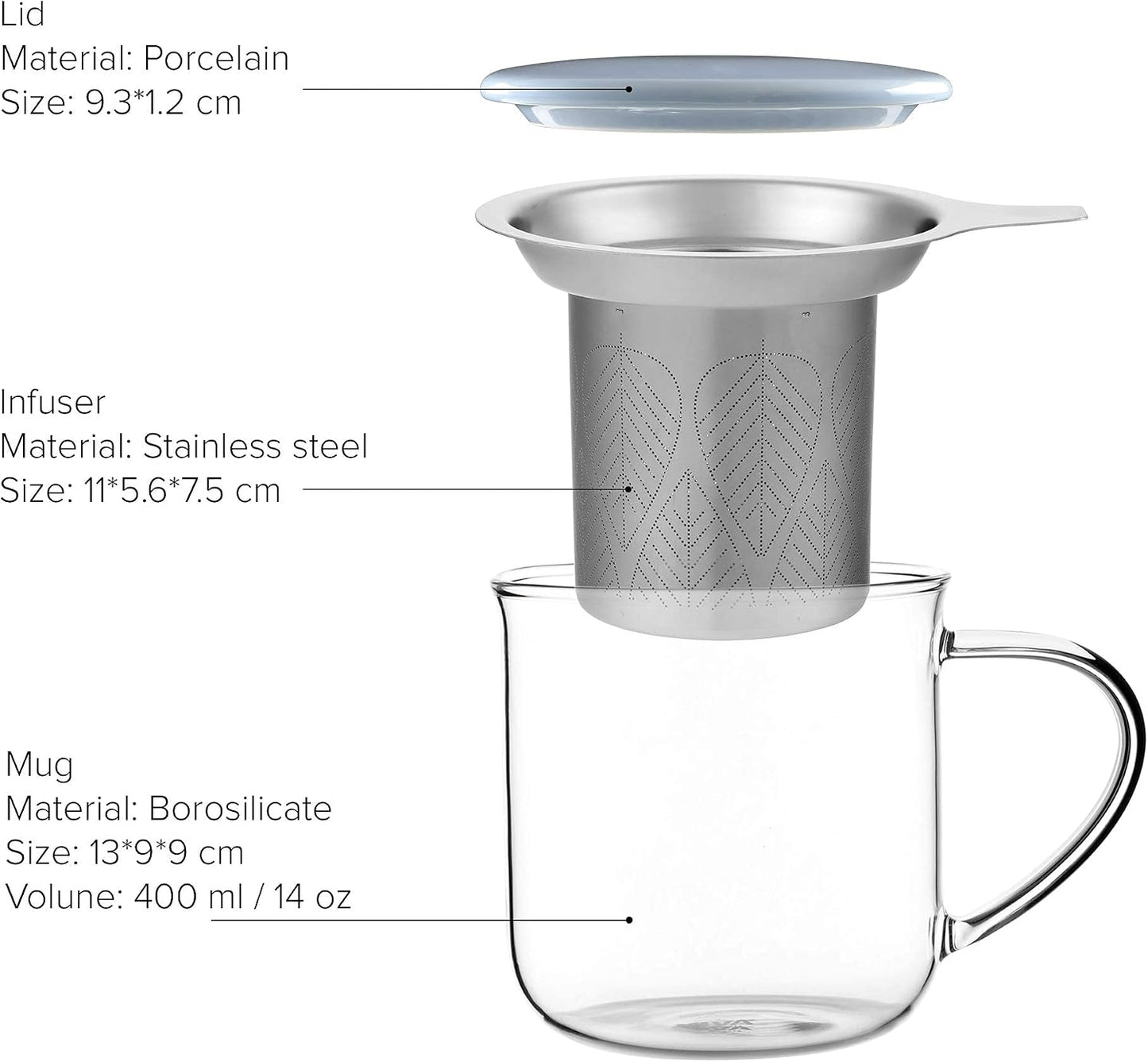 VIVA Minima Balance Glass Infuser Tea Cup - 17 oz / 500 ml Mug with Stainless Steel Infusion Mesh and Bamboo Wood Lid