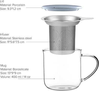 VIVA Minima Balance Glass Tea Cup with Infuser and Lid, 17oz, Clear Bamboo