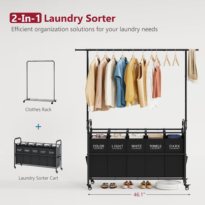 Laundry Cart with Hanging Rack, 65 Gal. Large Laundry Hamper, Beige | Rolling Laundry Cart with Hanging Bar with Removable Bag and Lockable Wheels, Separator Hamper Cart for Bedroom, Bathroom
