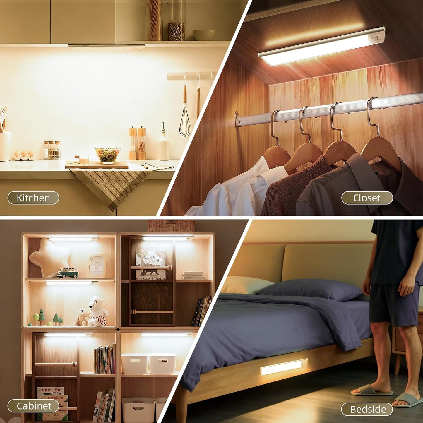 4 Pack Under Cabinet Lighting, Rechargeable Motion Sensor Light Indoor, Wireless Dimmable Magnetic Closet Lights, 32 LED Under Counter Lights for Kitchen, Wardrobe, Stairs, White Light