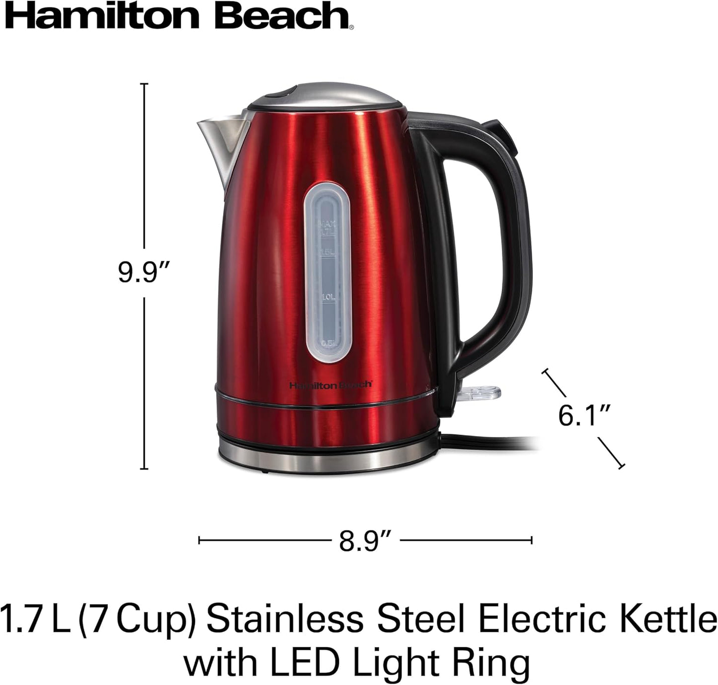 Hamilton Beach 1.7 Liter Electric Tea Kettle, Water Boiler & Heater | Fast Boiling 1500 Watts | BPA Free | Cordless Serving | Auto-Shutoff & Boil-Dry Protection | LED Light Ring | Stainless Steel