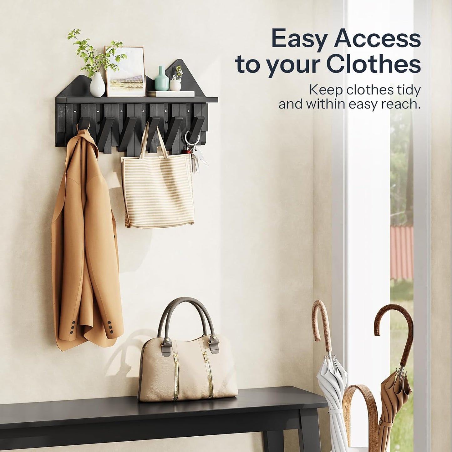 HOOBRO Wall Hooks with Shelf, Coat Rack with Shelf Wall-Mounted, Entryway Wall Key Holder, Hat Rack for Walls, Purse Hanger for Wall, Entryway Hanging Shelf with 6 Retractable Pegs, Black BK46YM01