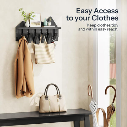 HOOBRO Wall Hooks with Shelf, Coat Rack with Shelf Wall-Mounted, Entryway Wall Key Holder, Hat Rack for Walls, Purse Hanger for Wall, Entryway Hanging Shelf with 6 Retractable Pegs, Black BK46YM01