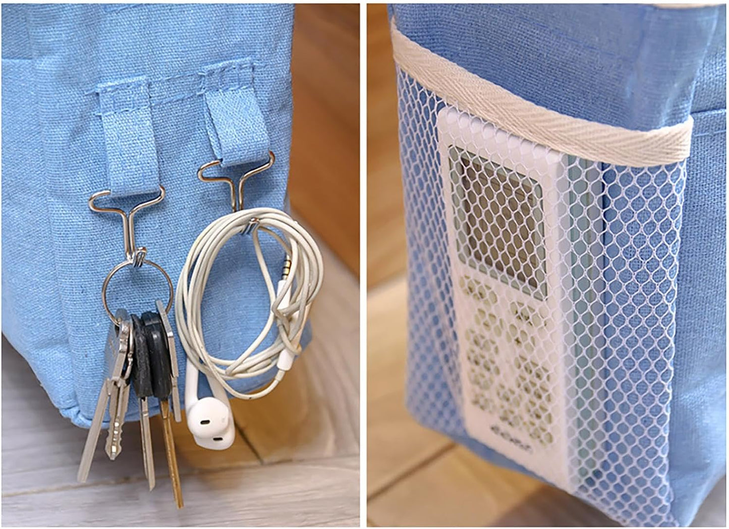 Bedside Caddy, Large Capacity Hanging Bedside Organizer with Side Hooks and 2 Pockets,Durable Versatile Bedside Caddy for Dorm Bed Phone Hospital College Magazine Remote Control Laptop Books (Grey)