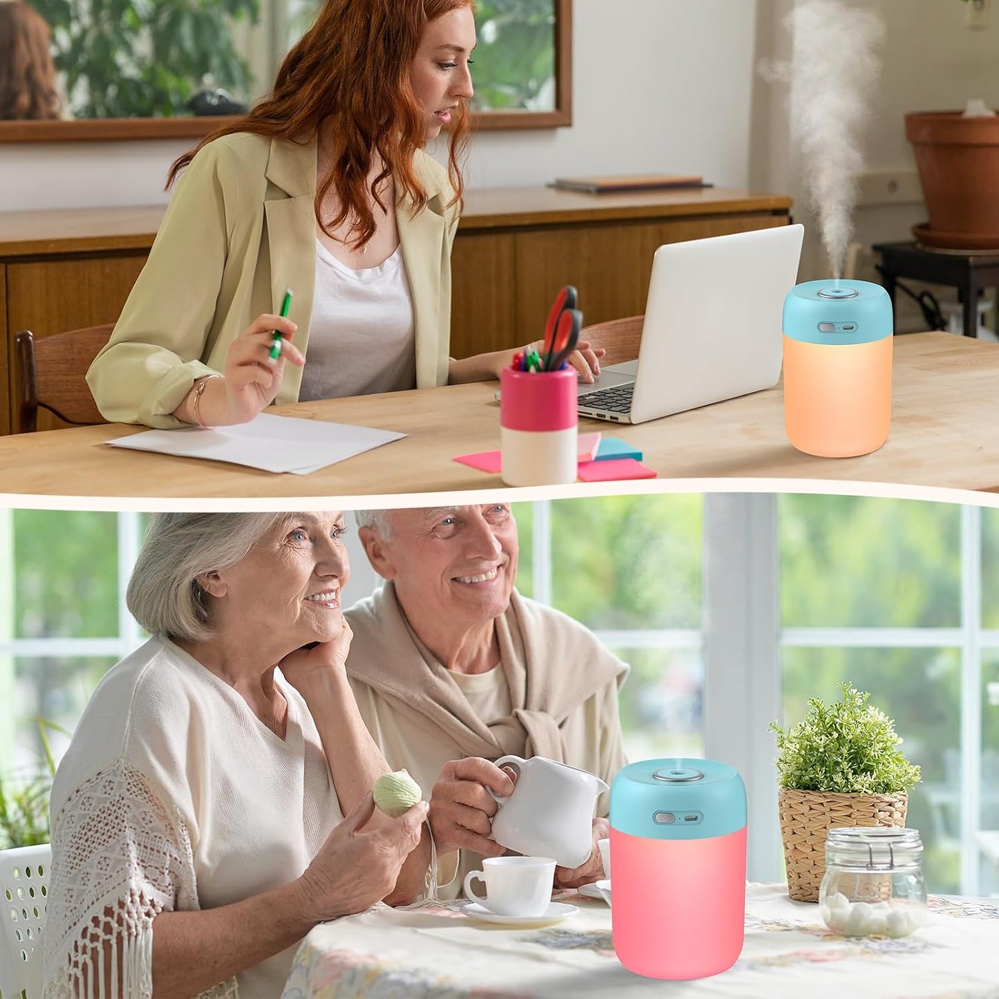 Portable Small Humidifier, 650ml Plant Humidifier, Blue | 7 Colors&Warm Light, Mini Humidifiers for Plants, Bedroom, Office, Dsektop