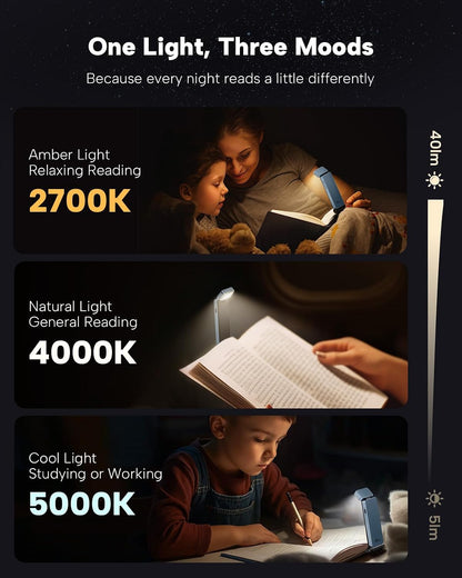86lux Book Light, Rechargeable Clip-On LED Reading Light for Bed | 3 Color Temperatures with Stepless Dimming, Ultralight Bookmark Design for Book Lovers, Grey