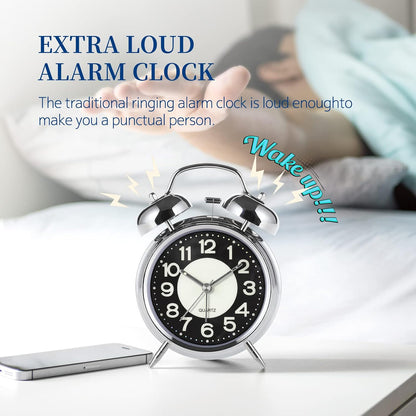 Super Loud Alarm Clock For heavy sleepers,4 inches Twin Bell Alarm Clock with Backlight,Battery Operated,Silent Non Ticking,For Kids,Adults,Bedrooms,Retro decor Desk Analog Clocks.. (Noctilucent)