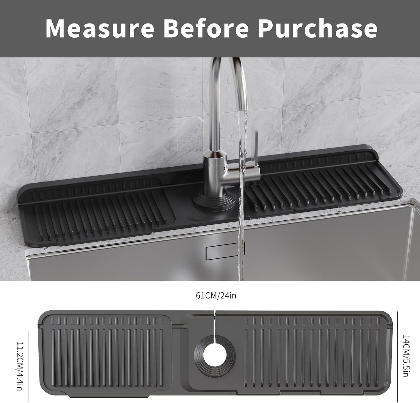 WAFT YEARN 24X5 Inch Silicone Durable Faucet Mat Kitchen Sink Splash Guard Draining Protector Tray Liner Absorbent Protective Counter Accessories For Sink Kitchen Bathroom Laundry Room Bar & RV Black