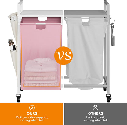 WOWLIVE Double Laundry Hamper with Wheels, Rolling Laundry Basket Organizer | Laundry Hamper 2 section with Lid, Iron-Made Laundry Sorter with Shelf, Removable Bags, Large Clothes Storage, White