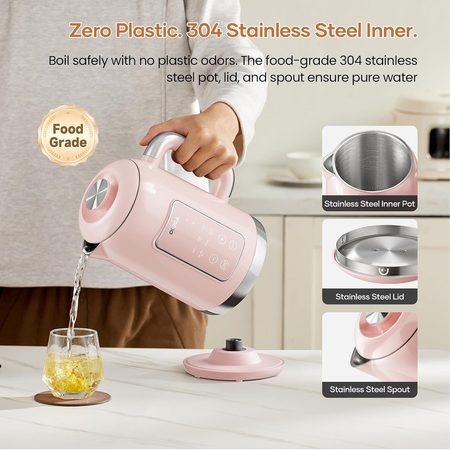 Electric Kettle Temperature Control: OLEGA 1.5L Smart Kettle 1200W | Stainless Steel Hot Water Boiler, 6 Temp Presets, Fast Boiling Electric Tea & Coffee Kettle