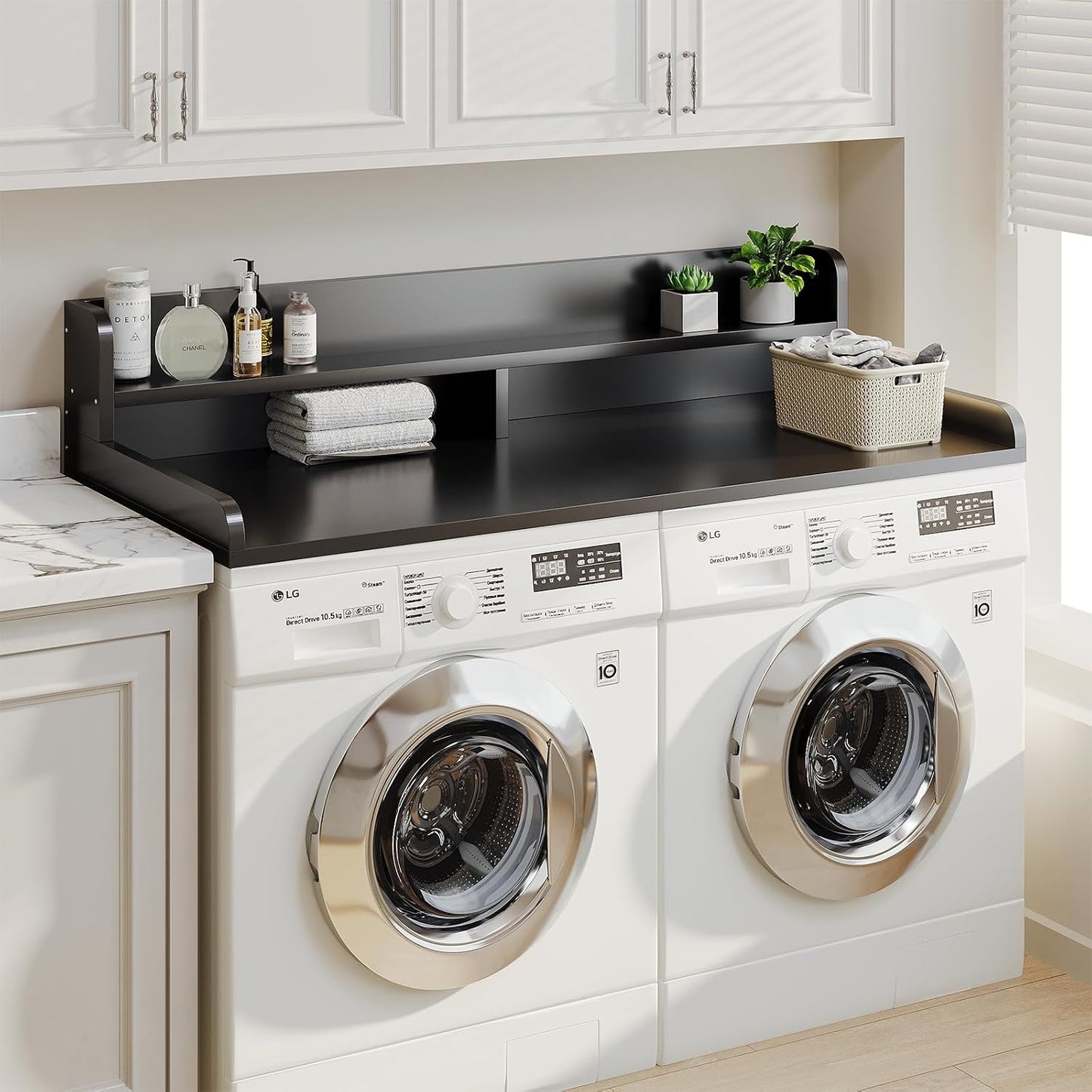 2-Tier Washer Dryer Countertop with 2.75" H Edge Rails, 54" W x 27.55" D Laundry Countertop for Folding Clothes, Washer and Dryer Topper with Non-Slip Pad (Dark Walnut)