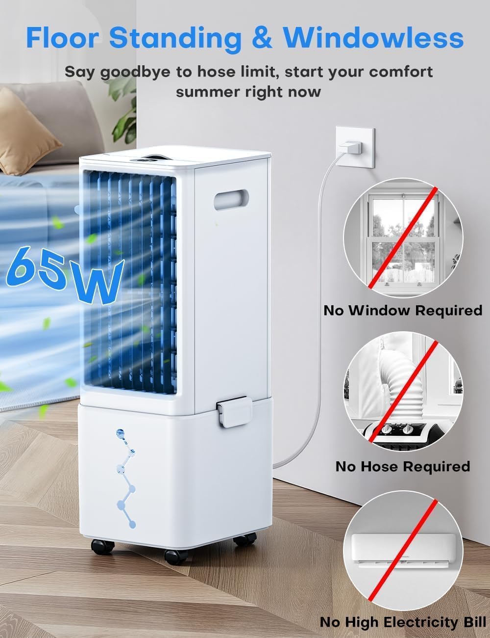 Windowless Air Conditioner w/4 Mode,3 Speed, Waterless Alert,2.4-Gal Tank for 24H Cooling, 12H Timer Swamp Cooler Air Conditioner, 20FT Remote,70° Auto Swing Evaporative Air Cooler for Bedroom