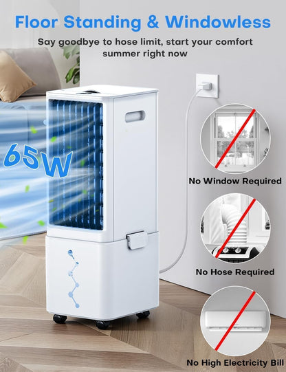Windowless Air Conditioner w/4 Mode,3 Speed, Waterless Alert,2.4-Gal Tank for 24H Cooling, 12H Timer Swamp Cooler Air Conditioner, 20FT Remote,70° Auto Swing Evaporative Air Cooler for Bedroom