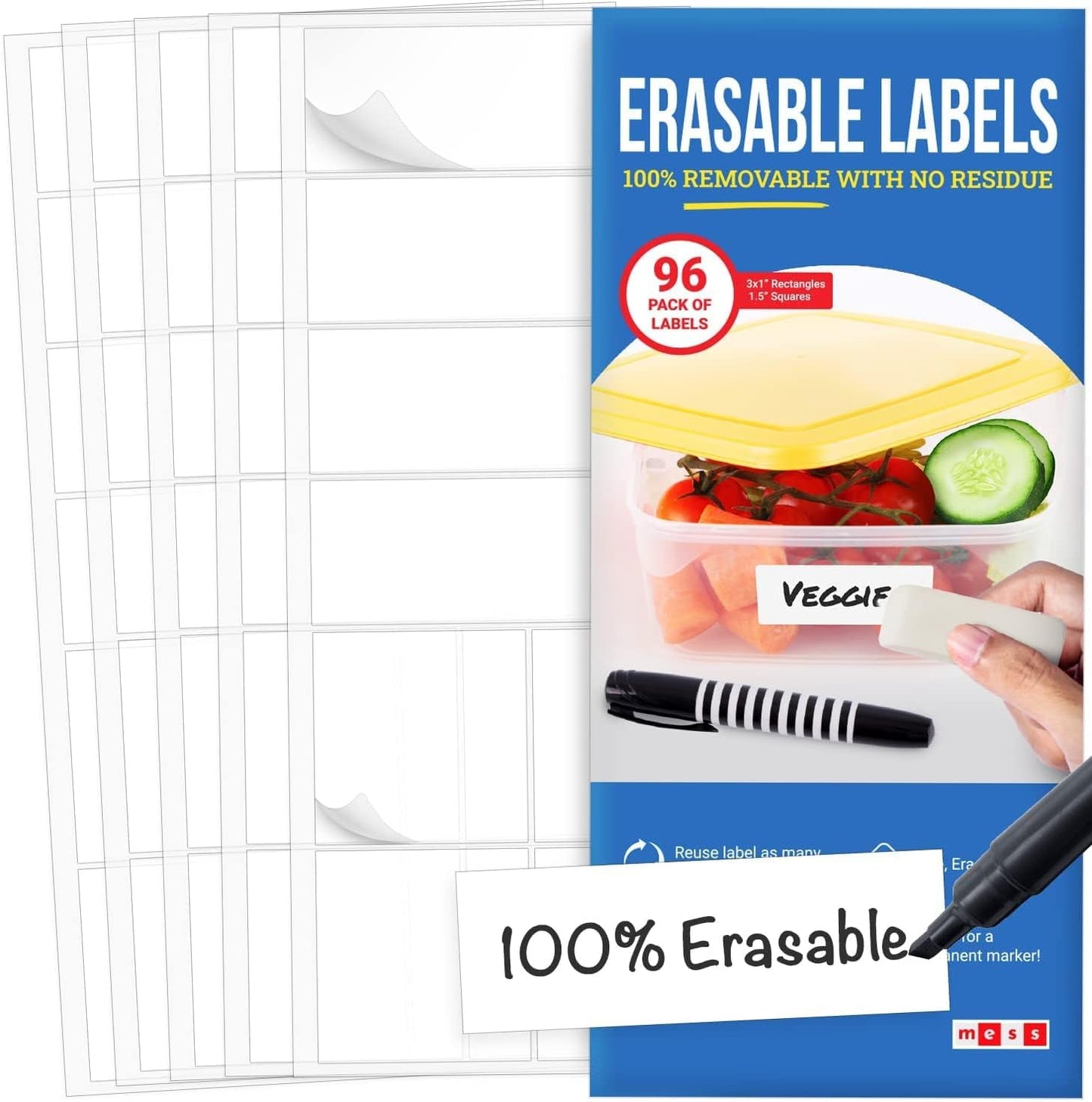 MESS Erasable Labels for Food Containers (Two Sizes 1.5" & 1x3 & 1x2) - Multipurpose Organizing Labels - Freezer & Fridge Safe