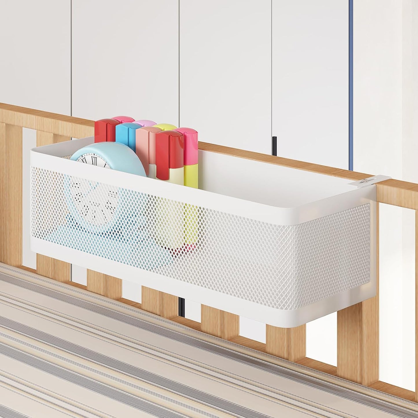 Bedside Caddy Shelf for Bunk Bed, White, L13.78in*W5.12in*H3.94in | For Bunk Bed, Office Cubicle Walls, Crib Rails, Dorm Bed College Dorm Room Essentials, Large Capacity, Easy Install