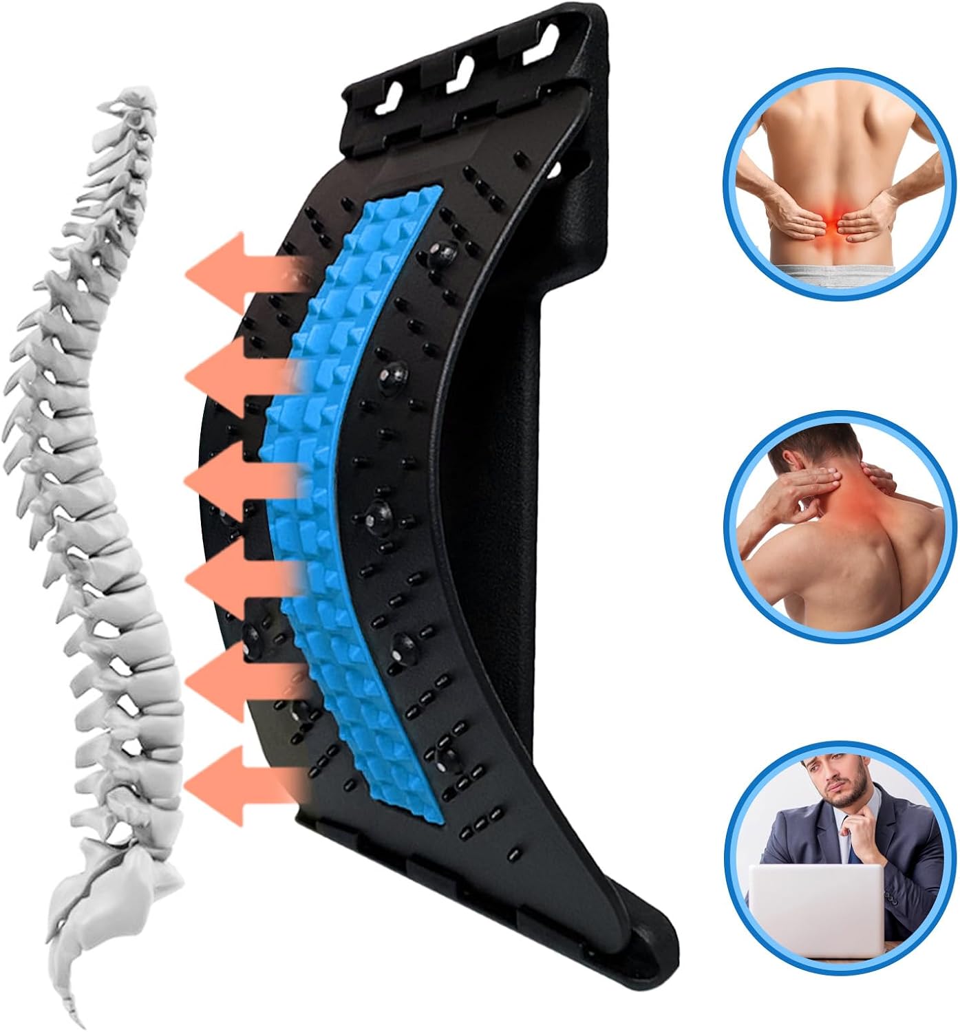 Back Stretcher with Lumbar Support for Back Pain Relief - Dual-Sided 3-Level Adjustable Spinal Decompression lumbar board (Blue)