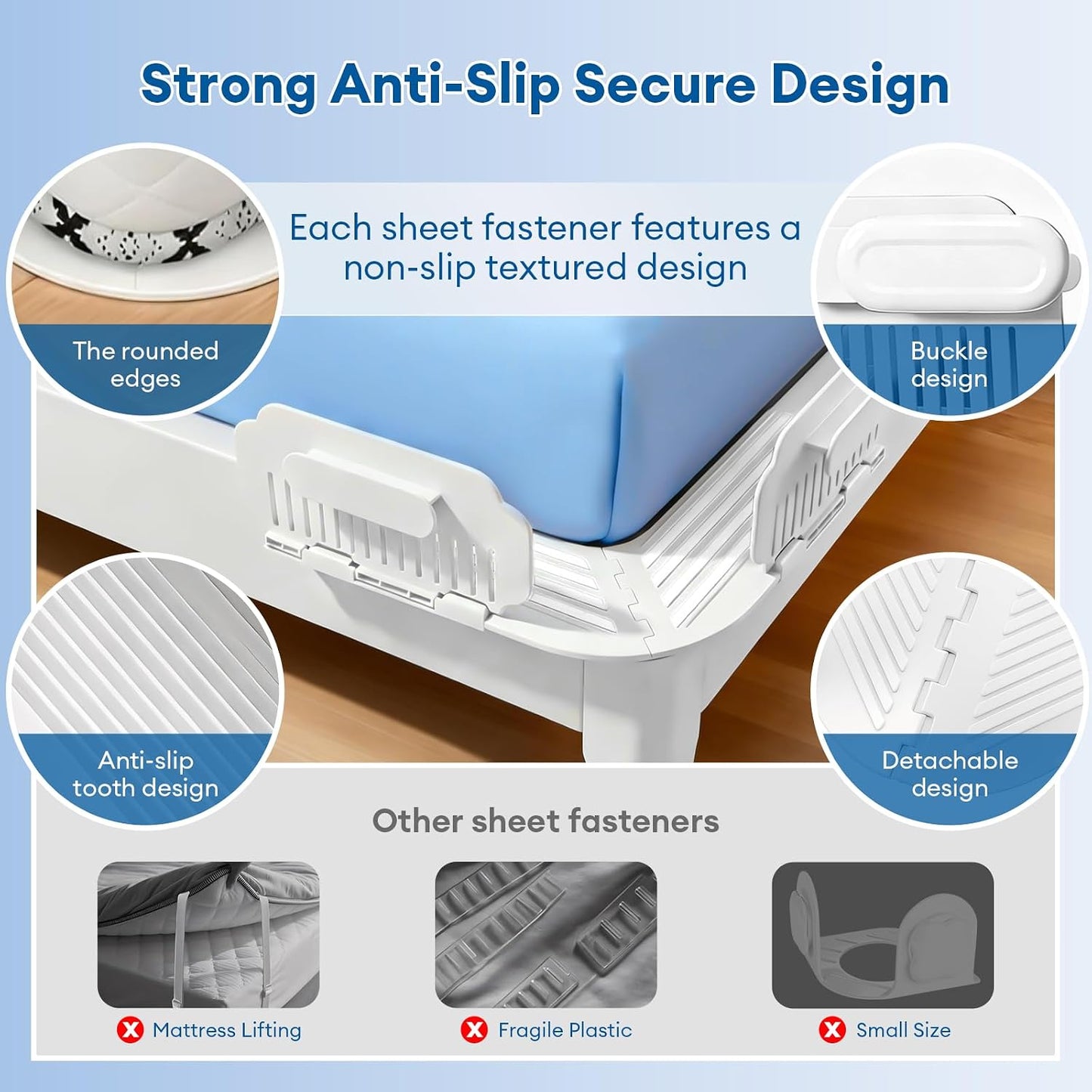 Bed Sheet Holders for Corners & Sides, Fitted Sheet Clips 4 Pairs | For Queen, King, Twin And Full Beds; Easy Install Clips for Fitted Sheets, Deep Pockets, Toppers and Adjustable Beds