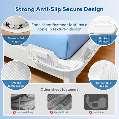 Bed Sheet Holders for Corners & Sides, Fitted Sheet Clips 4 Pairs | For Queen, King, Twin And Full Beds; Easy Install Clips for Fitted Sheets, Deep Pockets, Toppers and Adjustable Beds