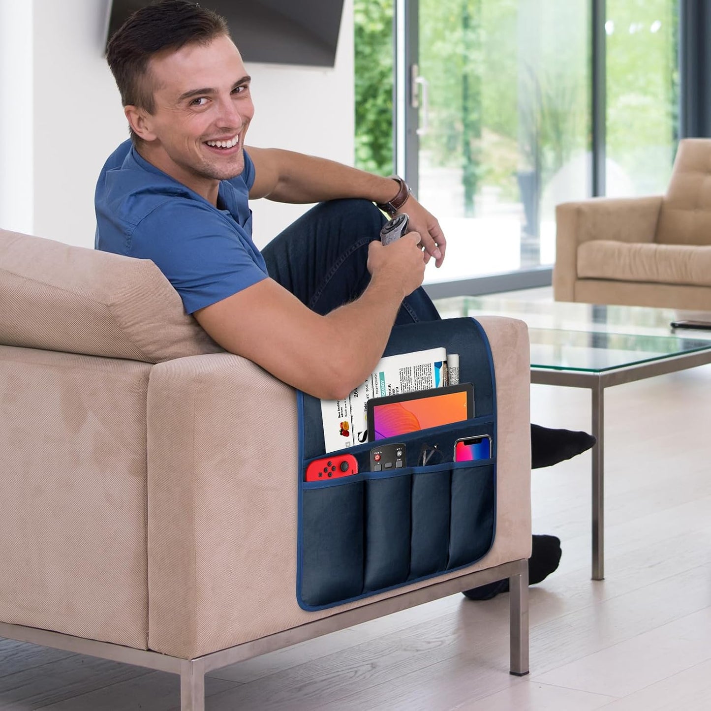 Remote Control Holder for Armchair Caddy, Remote Holder with 5 Pockets | Couch TV Remote Holder with Non-Slip Base, Bedside Caddy Organizer for Key Glasses Phone Magazine (Blue, 35"x12.4")