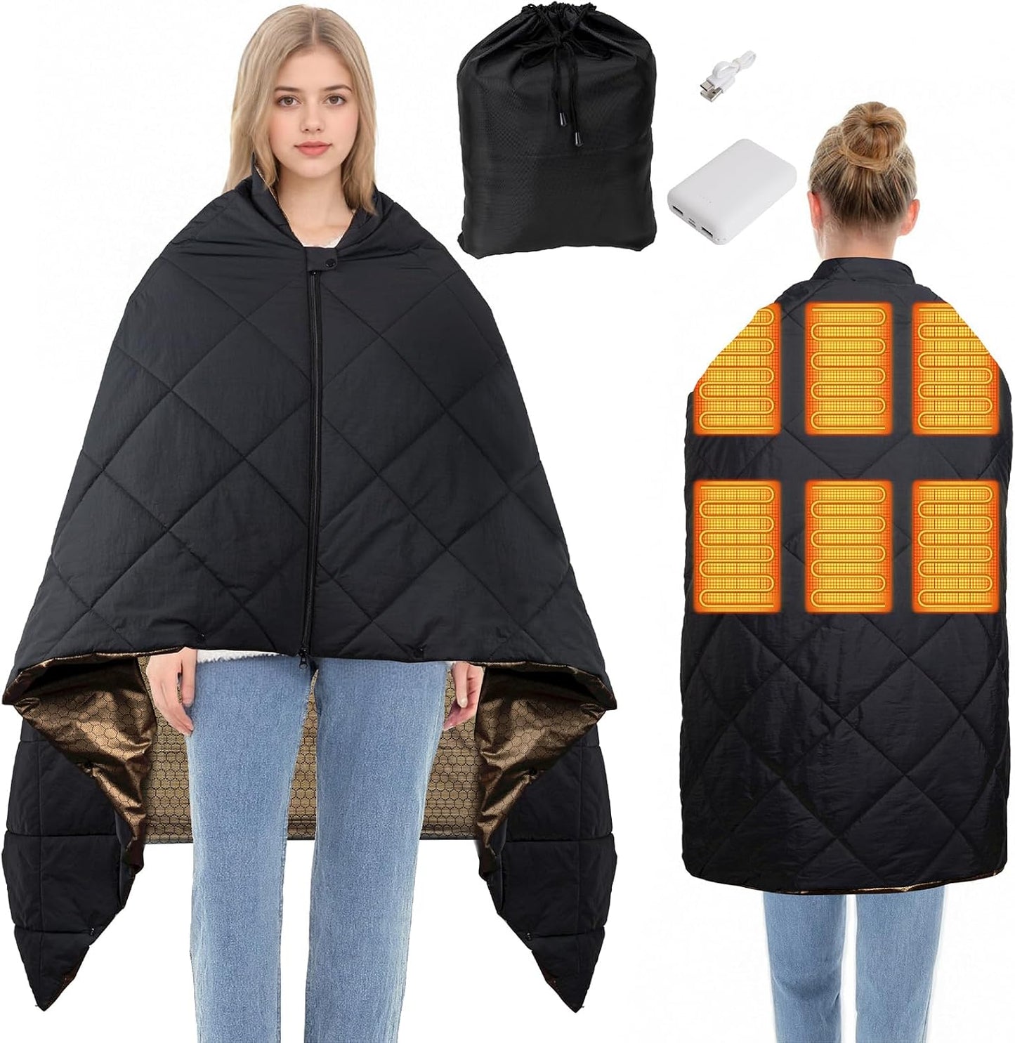 Cordless Battery Operated Heated Blanket, Portable Outdoor Heated Blanket | Extra Large 67"x47" Windproof Rechargeable Heated Throw, 6 Fast-Heating Zones for Camping, Hiking, Stadium Events & Travel